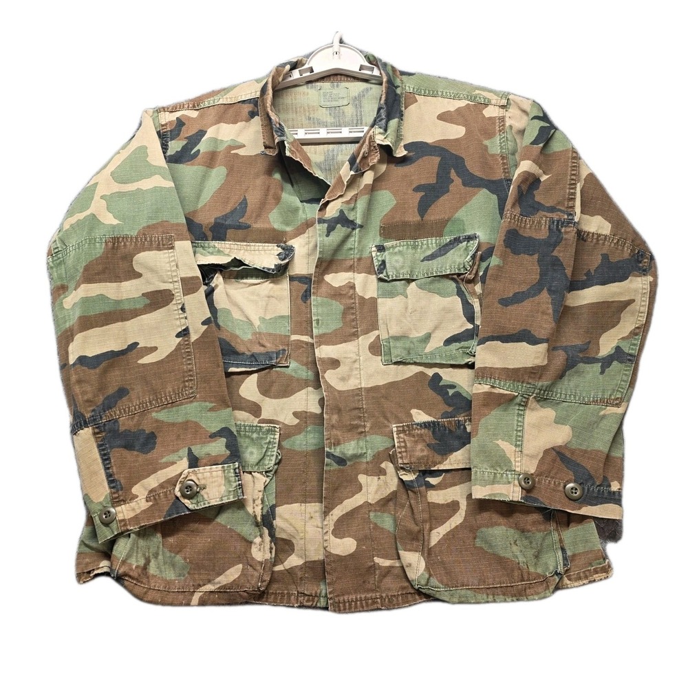 Vintage Woodland Camo Ripstop BDU Military Shirt Jacket Men's Medium‎ Short